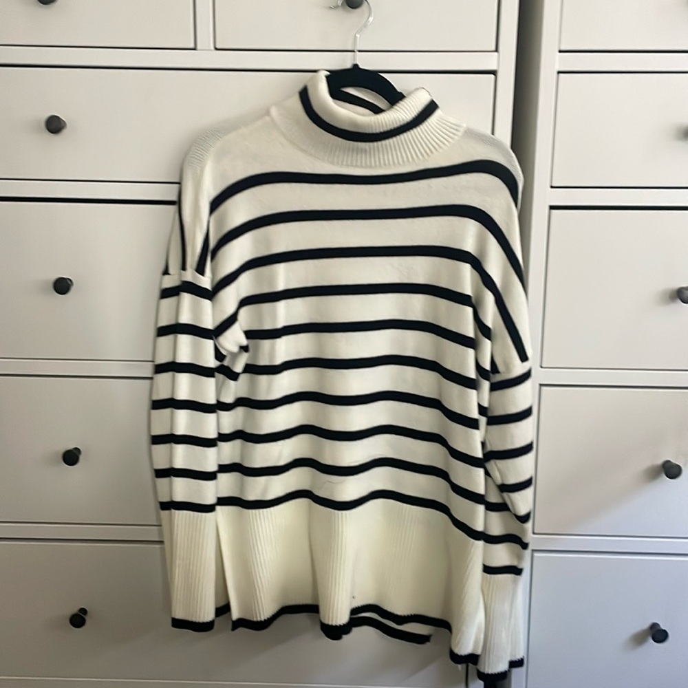 White and Black Striped Oversized Turtleneck